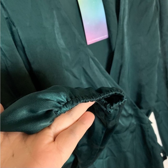 Show Me Your Mumu Nola Teal Long Sleeve Wrap Satin Mini Dress - Picture 5 of 6